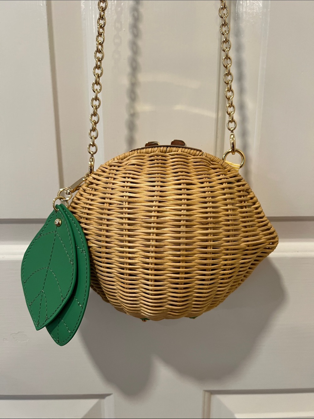 Talbots Woven Rattan Mini Crossbody Lemon Shaped Purse with Green Leaf Charm
